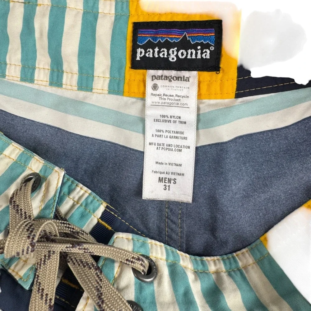 Patagonia Mens 31 Board Shorts Multi Color Striped Nylon Swim Trunks Navy Yellow